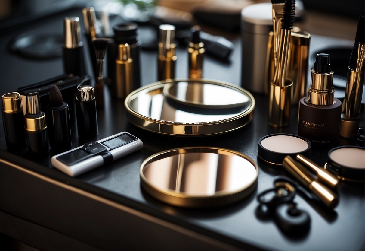 A table with various eyebrow grooming tools and products arranged neatly. A mirror reflects the tools, creating a sense of preparation and attention to detail