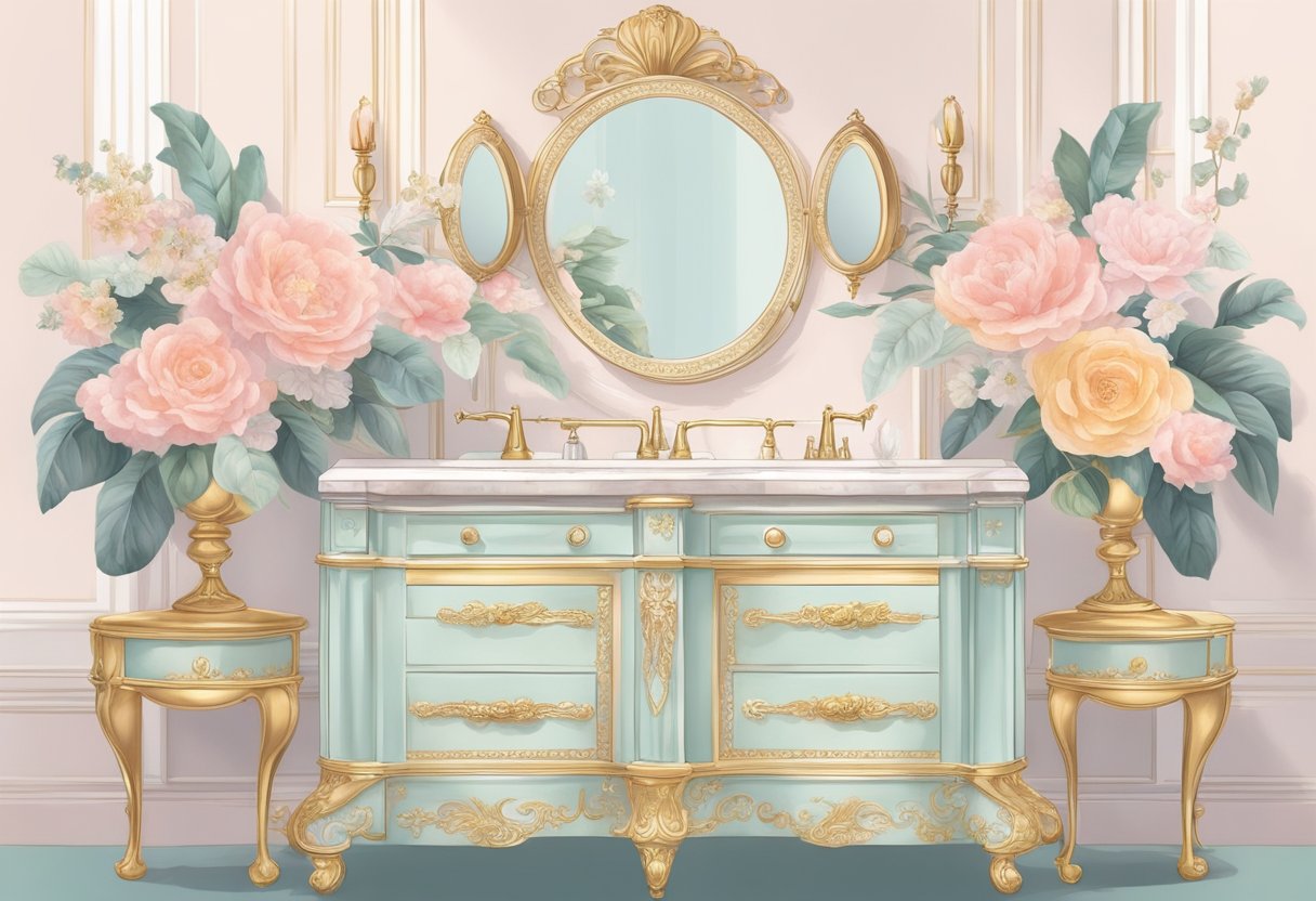 A vanity adorned with soft pastel colors and plush textures, with floral accents and gold embellishments