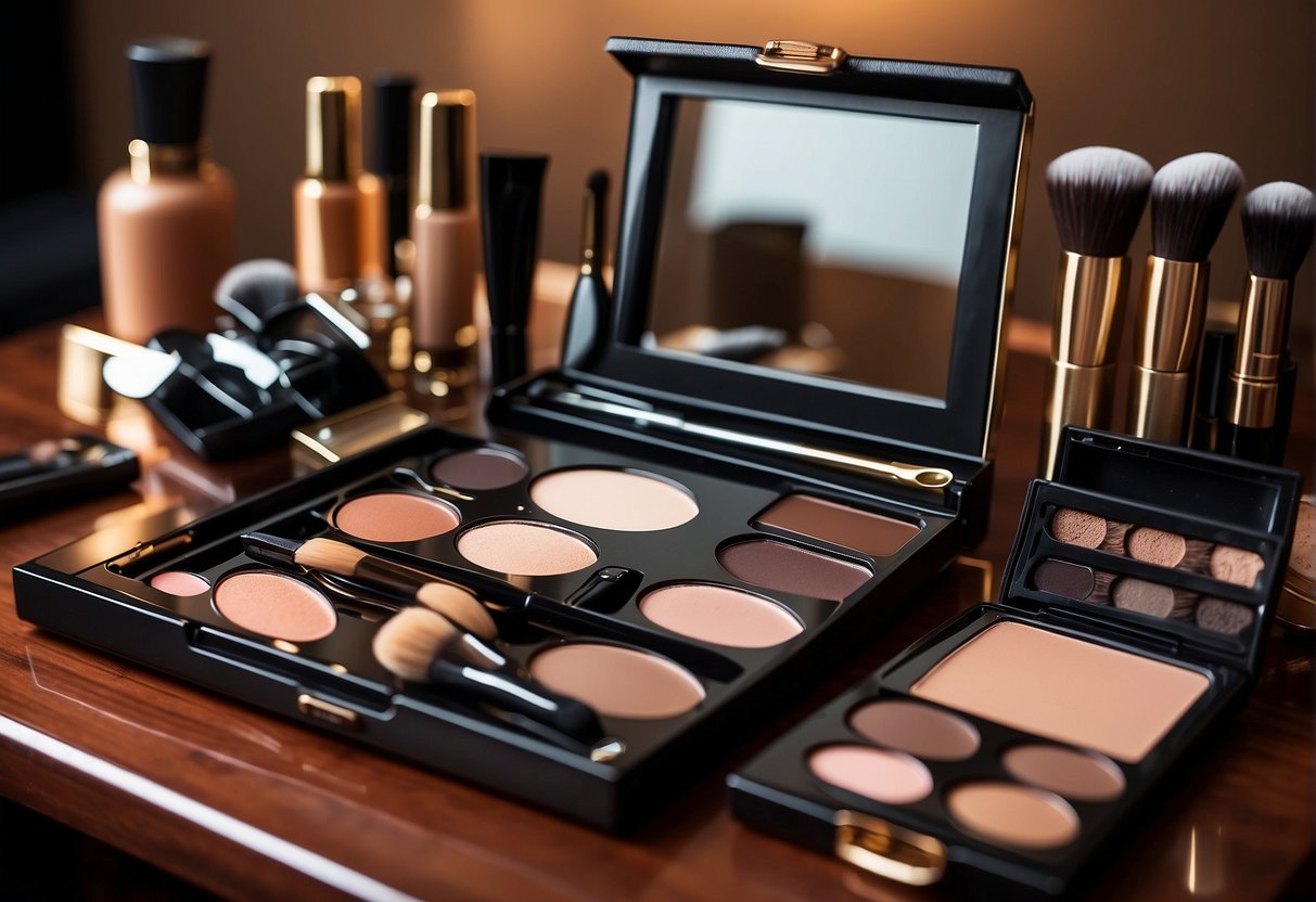 A table with various makeup tools and products for perfecting eyebrows, including tweezers, pencils, brushes, and a mirror