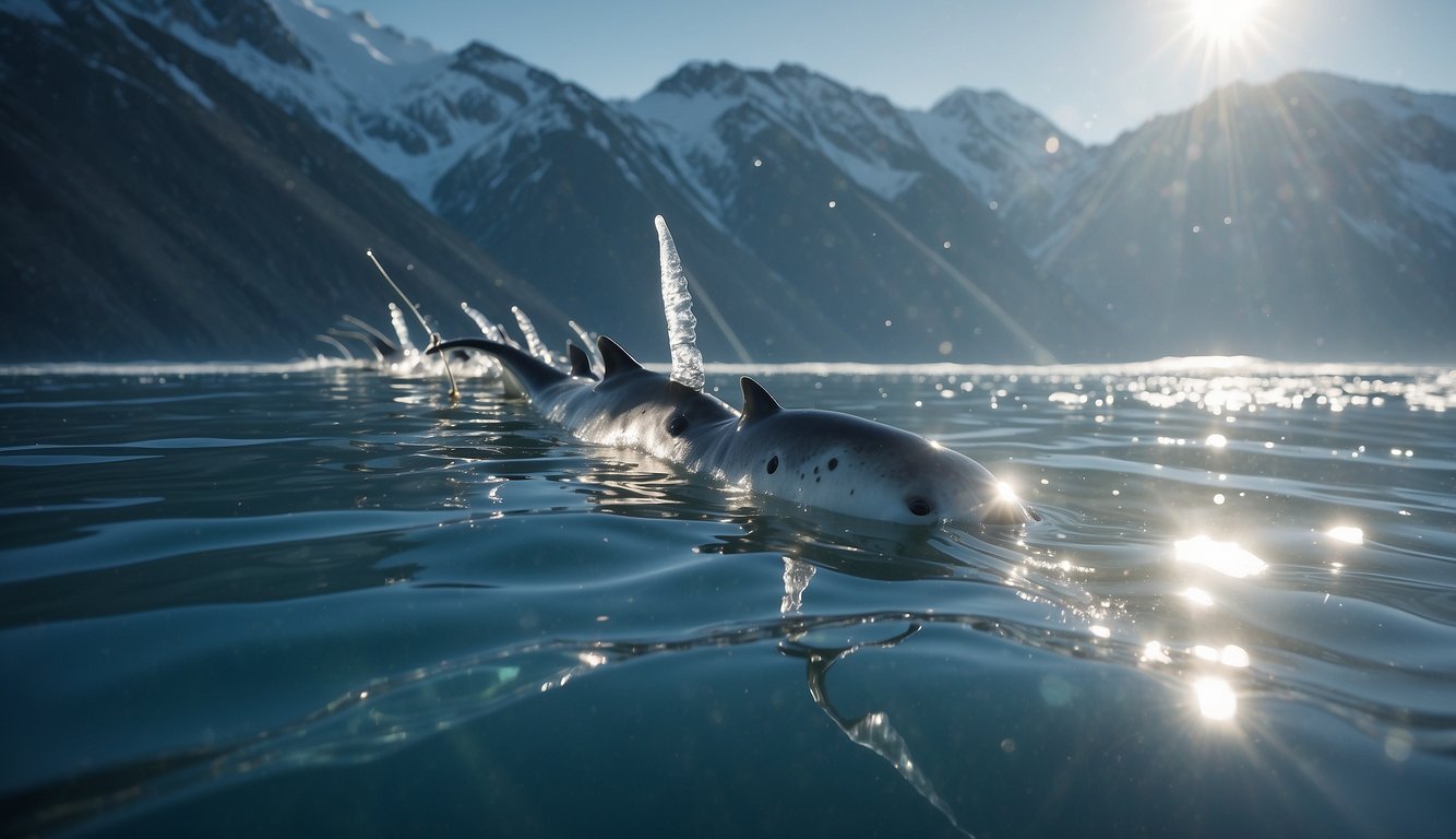 A pod of narwhals gracefully swim through icy, crystal-clear waters, their long, spiral tusks glinting in the sunlight, creating an ethereal and mystical appearance