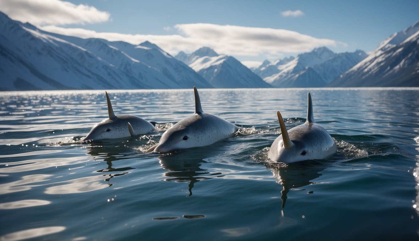 A pod of narwhals swims gracefully through icy waters, their long spiraled tusks glistening in the sunlight.

Snow-capped mountains loom in the background, creating a stunning Arctic landscape