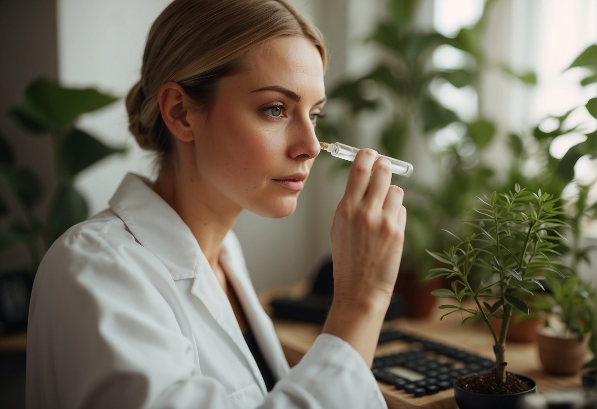 A person applying nourishing serum to their eyebrows, surrounded by plants and natural light, with a calendar showing the passage of time