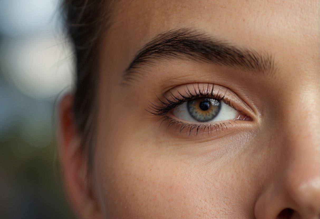 A close-up of a single eyebrow with a timeline of growth stages