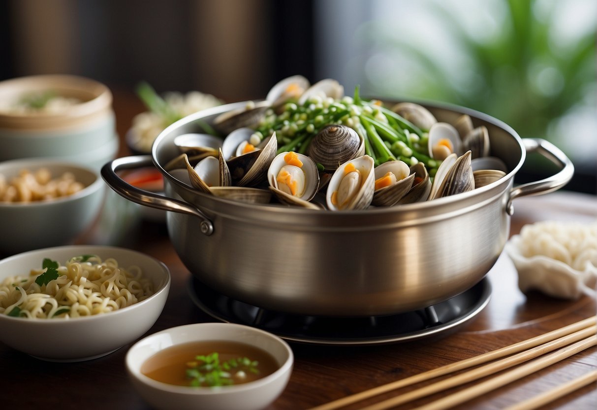 A bamboo steamer filled with steamed clams, ginger, and scallions. A bowl of clam sauce and chopsticks beside it