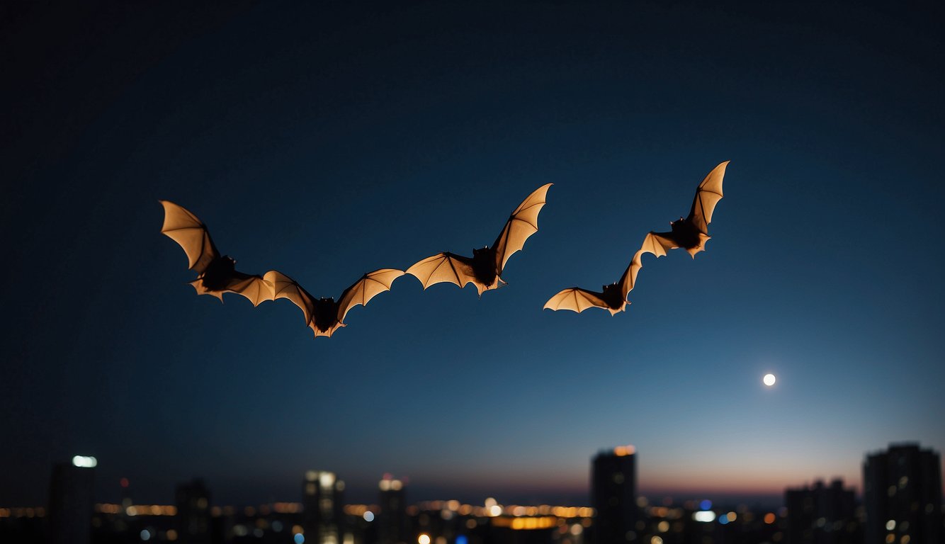 Bats soar through the moonlit sky, their wings outstretched as they navigate through the darkness.

The city below is alive with the sounds of the night, while the bats' graceful flight remains a mystery to onlookers