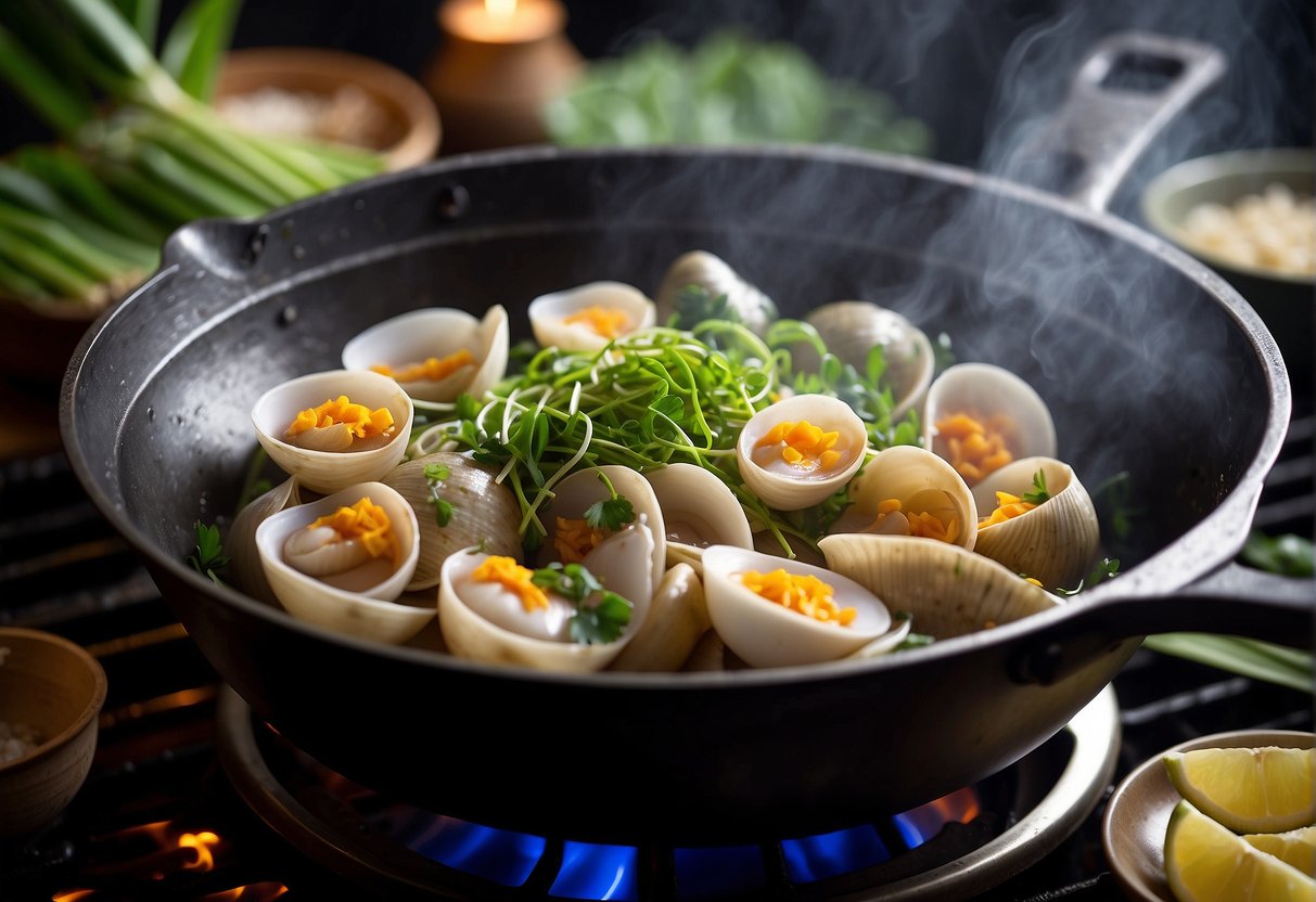 Bamboo clams sizzling in a wok with ginger, garlic, and scallions. Steam rising, fragrant aroma. Ingredients surrounding the wok