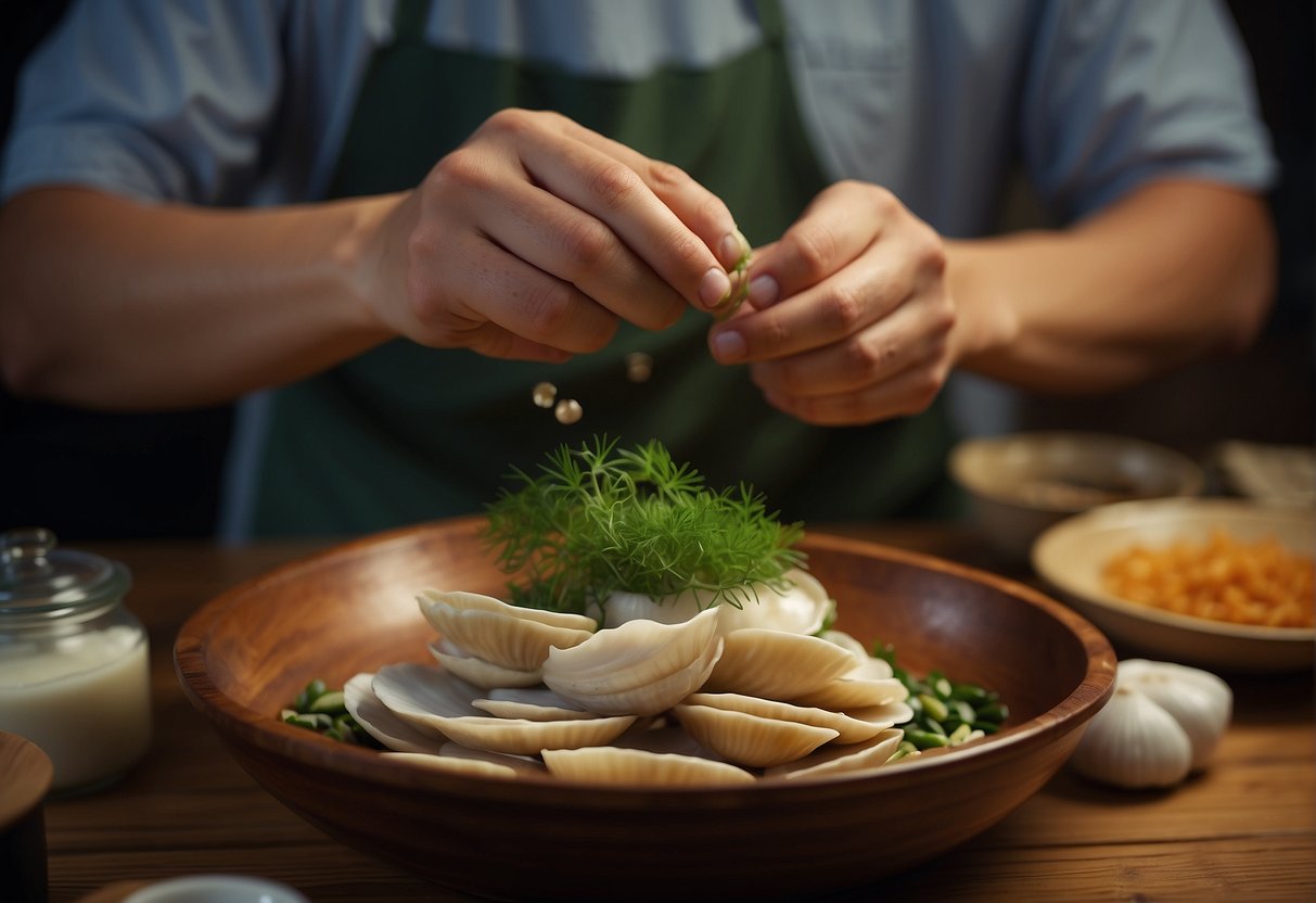 A bamboo clam being cleaned and prepped with Chinese ingredients for cooking