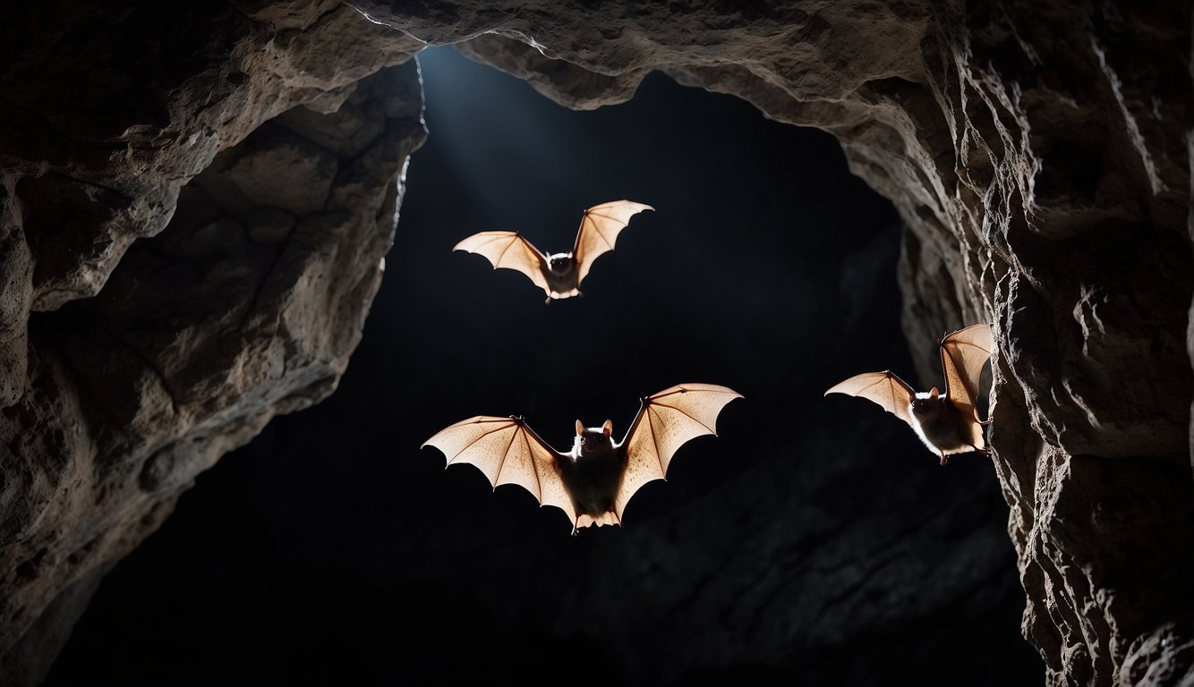 Bats gather in a dark cave, chattering and grooming each other.

They fly out in a tight formation, communicating with high-pitched calls