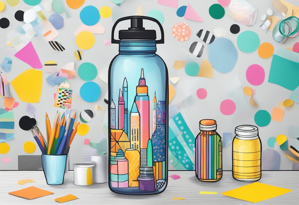 A water bottle sits on a table surrounded by colorful stickers, washi tape, and paint pens. A variety of designs and patterns cover the bottle, adding a personalized touch