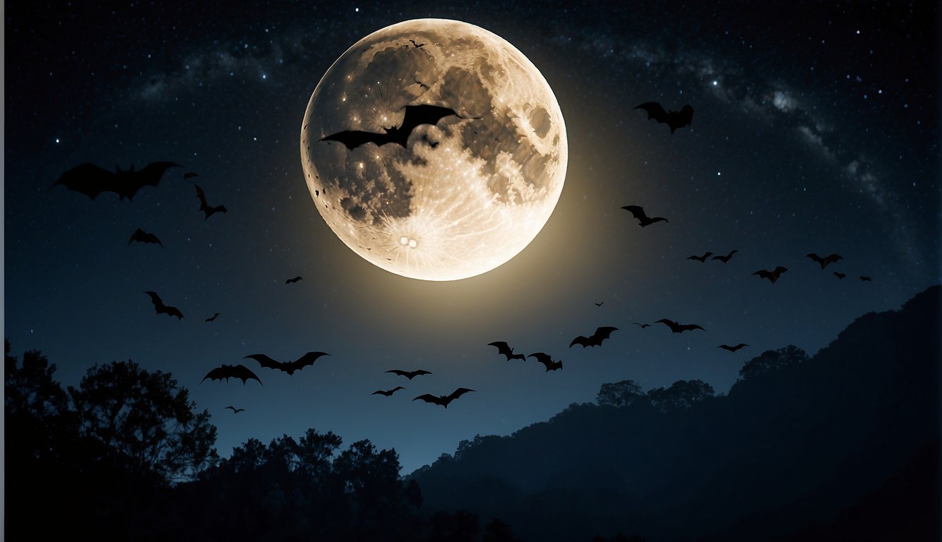 Bats in flight, silhouetted against the moon.

A group of bats swooping and darting through the night sky, their wings outstretched as they navigate the darkness