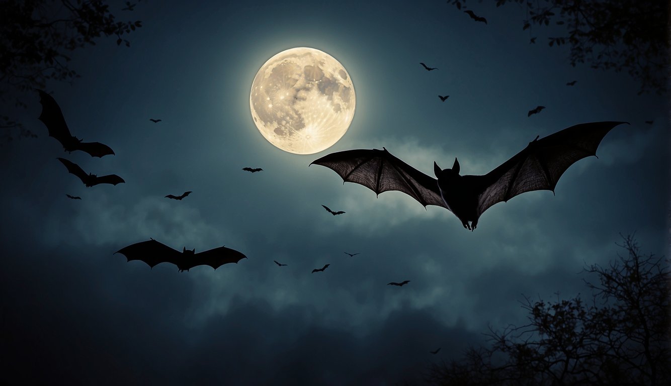 Bats soar through the moonlit sky, their wings outstretched as they navigate through the darkness in search of their next meal