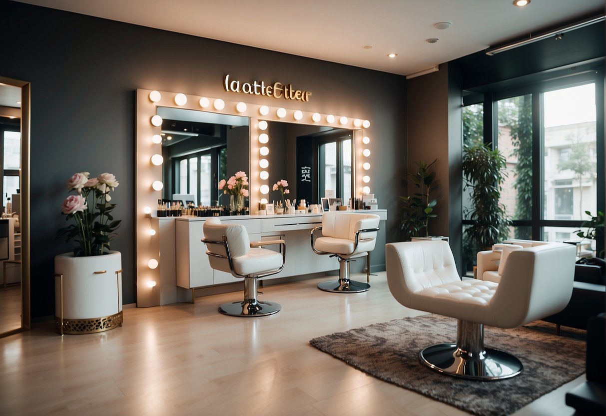 A chic, modern beauty studio with sleek furniture, soft lighting, and elegant branding for "L'Atelier du Sourcil"