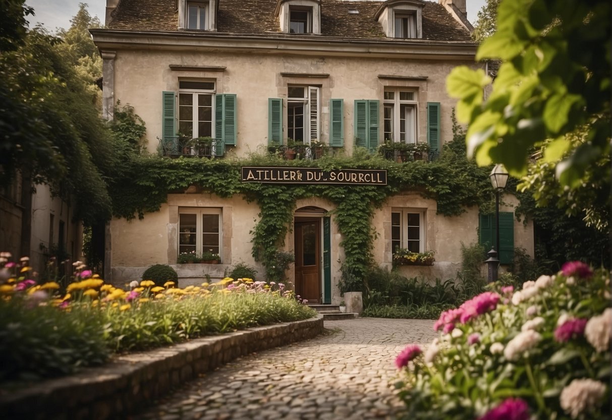 A historic building with a foundation plaque for "Atelier du Sourcil" stands tall, surrounded by lush greenery and vibrant flowers