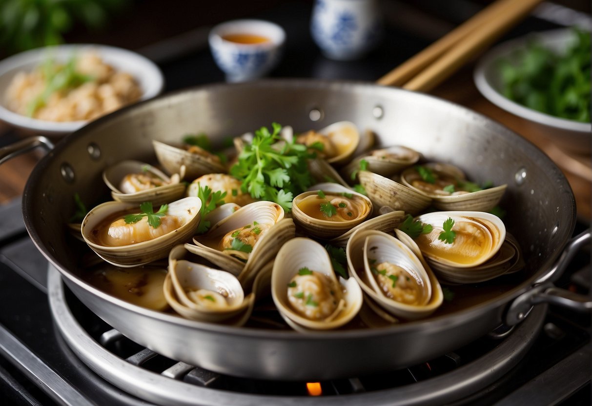 Bamboo clams sizzling in a wok with ginger, garlic, and soy sauce. Steam rising as they are stir-fried and then steamed until tender