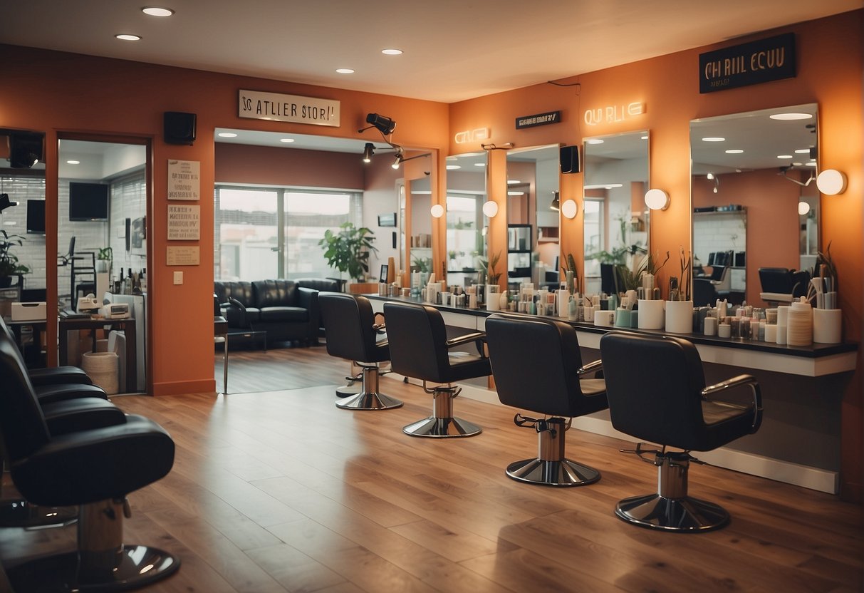 A busy and colorful beauty salon with a sign reading "Frequently Asked Questions qui a fonde l'atelier du sourcil" on the wall