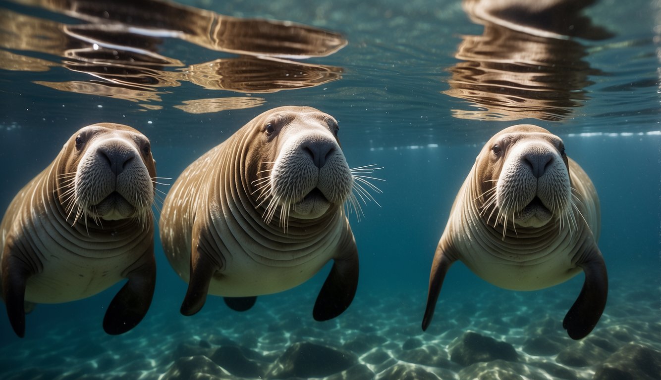 A group of walruses swim gracefully through the crystal-clear ocean, their long whiskers gently swaying in the water, acting as sensitive sensors to help them navigate and find food
