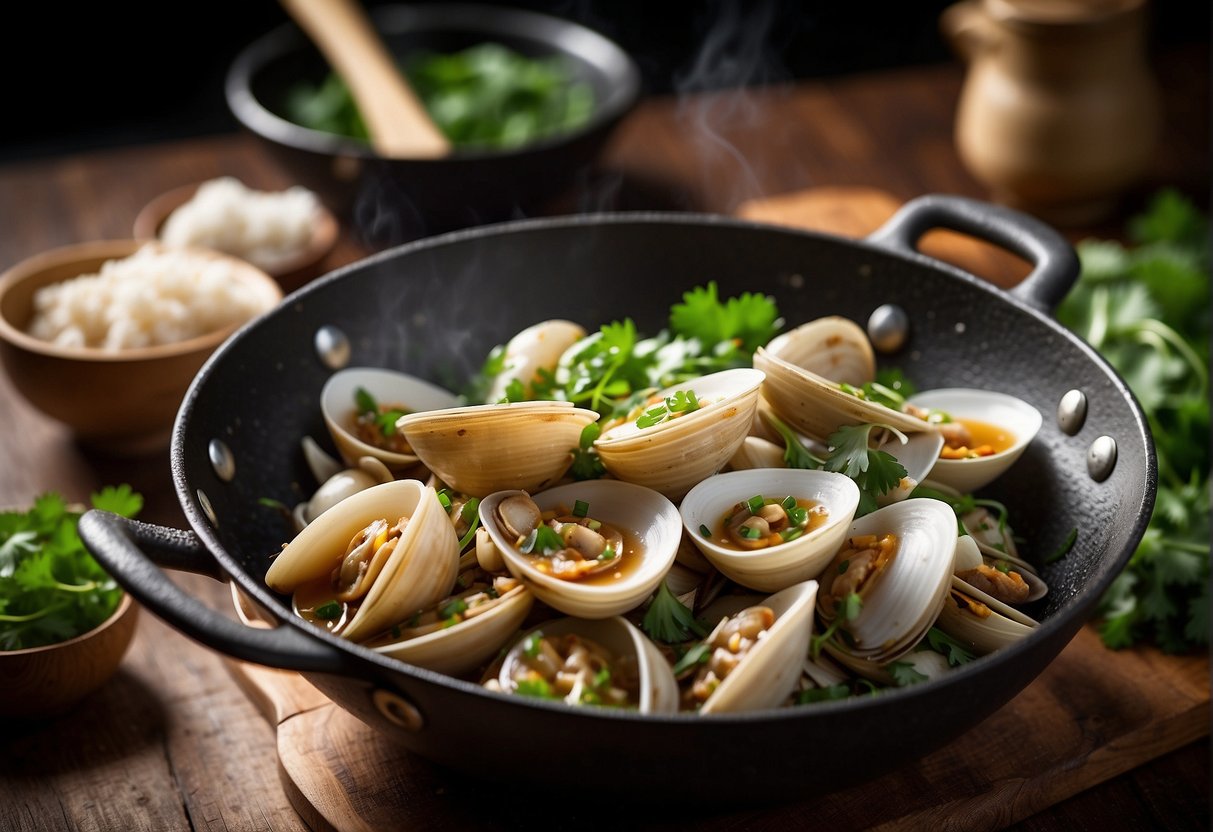 Bamboo clams sizzling in a wok with Chinese spices, garlic, and ginger, emitting a tantalizing aroma. Chopped scallions and cilantro ready for garnish