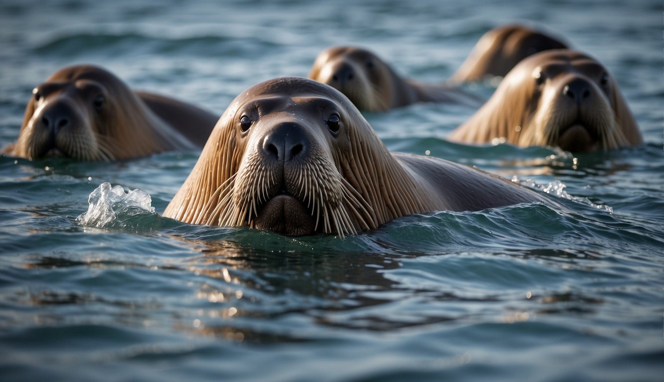 A group of walruses swim through the icy waters, their long whiskers sensing the movement of fish and other prey in the sea