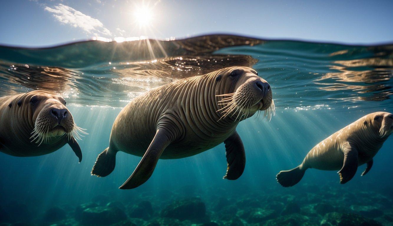 A group of walruses swim gracefully through the crystal-clear waters, their long whiskers gently swaying with the current.

Sunlight filters through the waves, illuminating the majestic creatures as they navigate their ocean home
