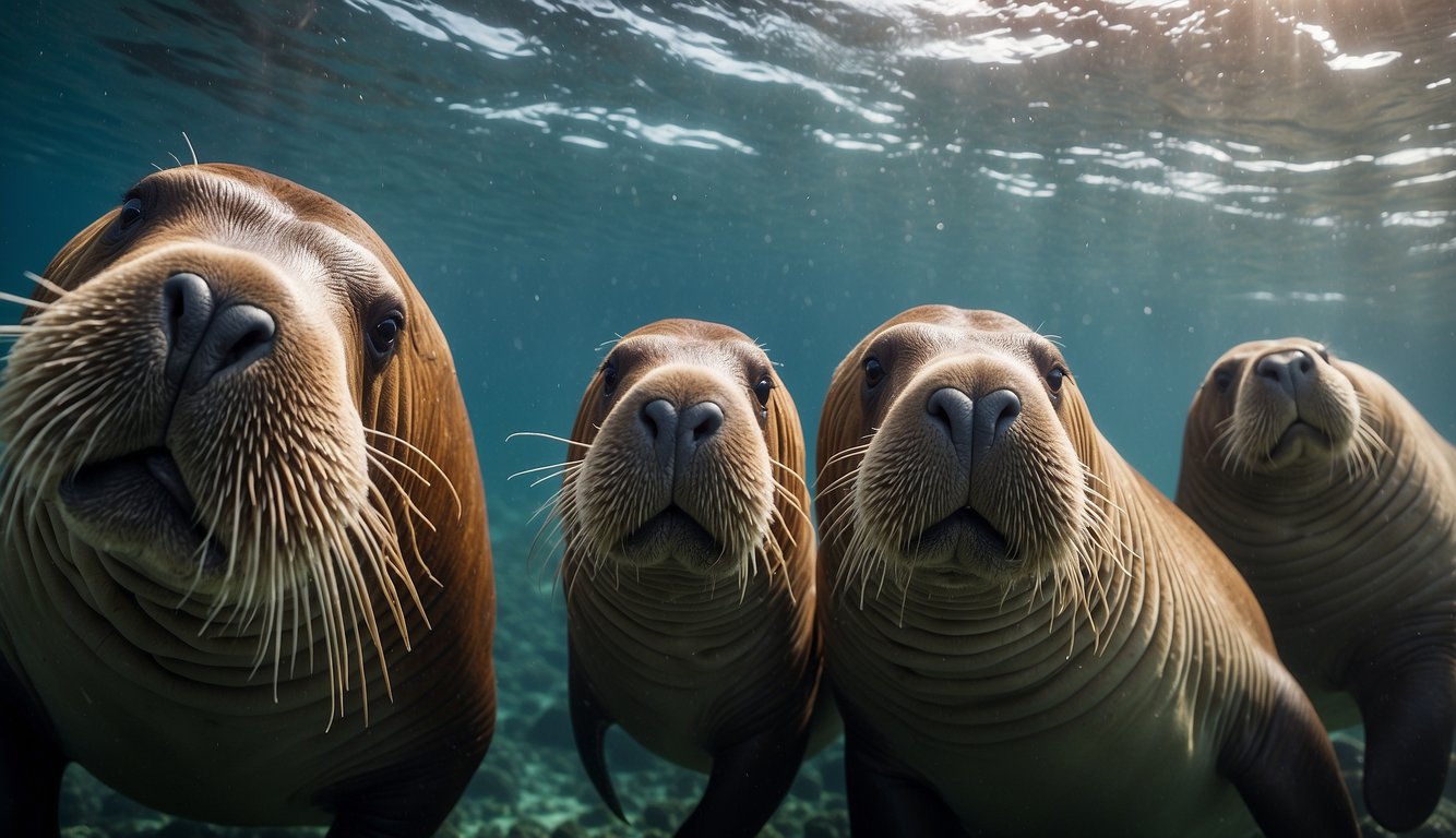A group of walruses swim gracefully through the ocean, their long whiskers trailing behind them like delicate sensors, gently brushing against the surrounding marine life
