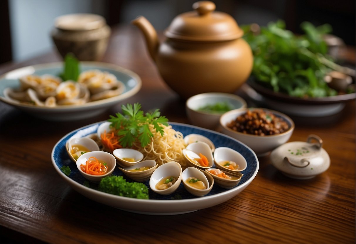 A bamboo clam dish is being served with Chinese pairings on a wooden table. The clams are garnished with herbs and placed alongside chopsticks and a teapot