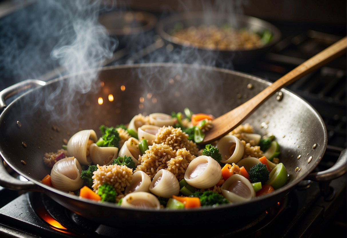 A bamboo clam being stir-fried in a wok with Chinese seasonings and vegetables, steam rising from the sizzling dish