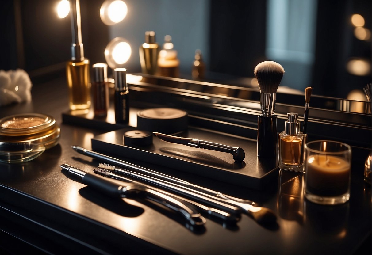 A table with various eyebrow grooming tools and products, including tweezers, pencils, and brushes. A mirror reflects the scene, with soft lighting highlighting the items