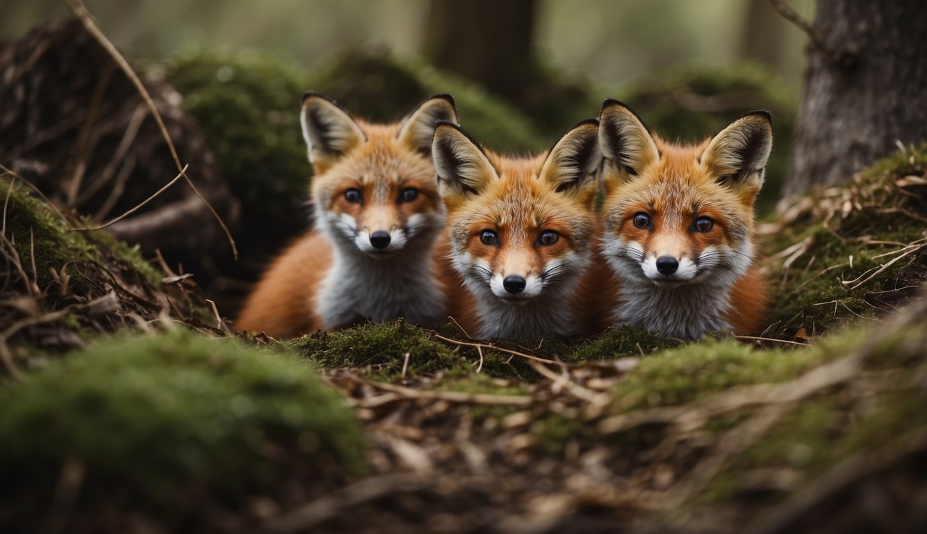 A family of foxes snuggled in their burrow, warm and snug.

The den is lined with soft leaves and feathers, with a small entrance peeking out from the earth