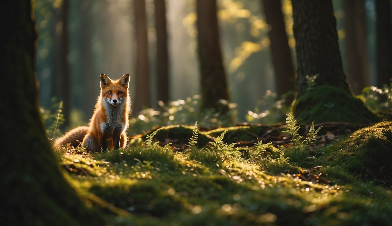 Foxes roam through a lush forest, entering cozy dens nestled beneath the roots of towering trees.

Sunlight filters through the leaves, casting warm shadows on the earthy ground