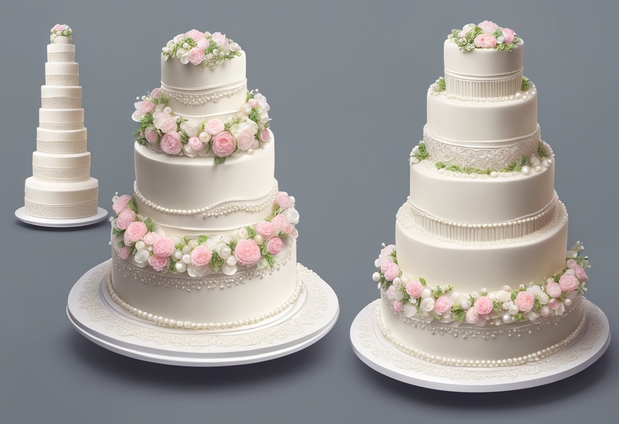 A tiered wedding cake sits on a rotating stand. A pastry bag pipes intricate designs with frosting. Edible pearls and flowers adorn the cake