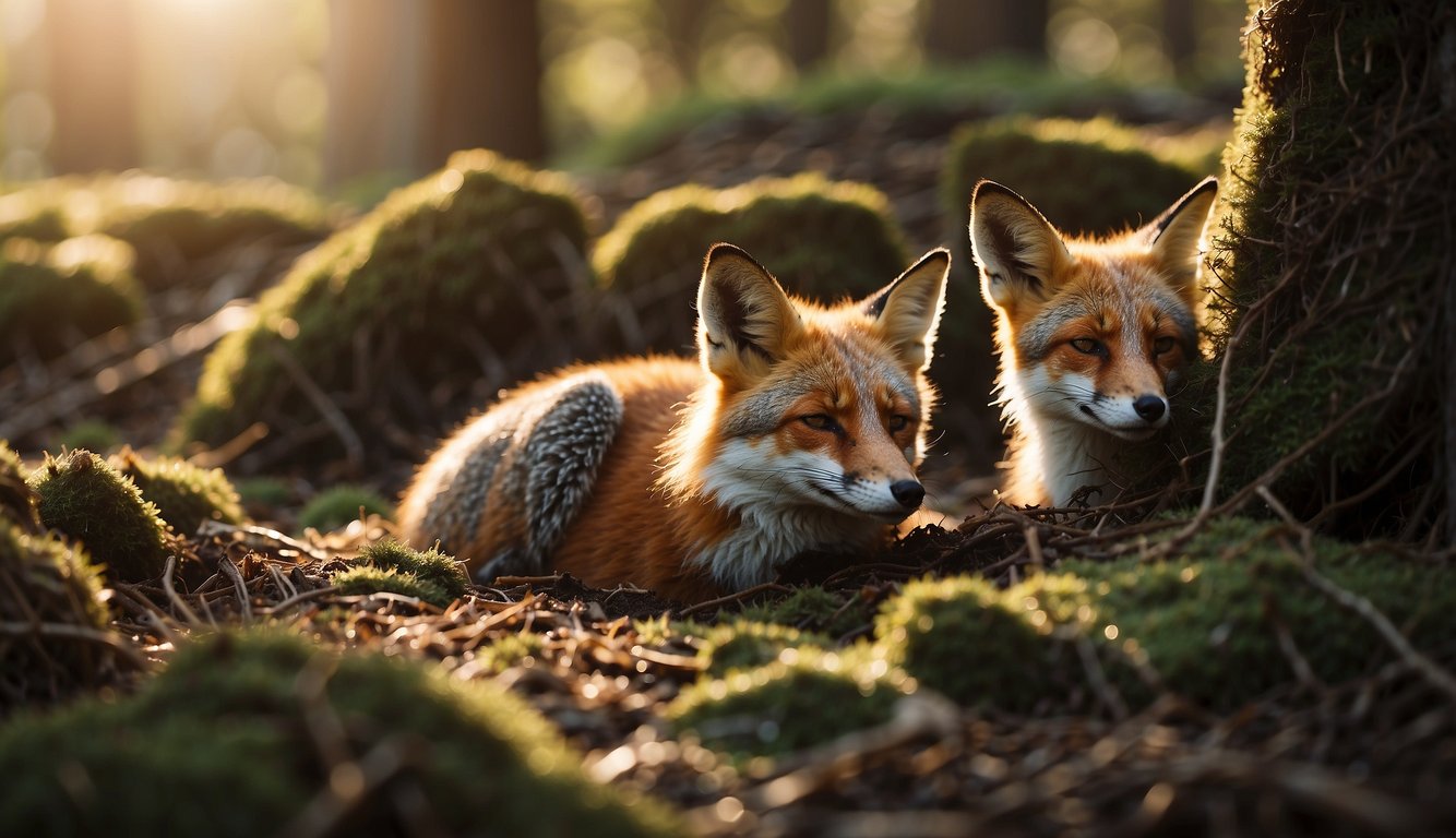 The den is warm and snug, with soft leaves and twigs lining the floor.

Sunlight filters in through the entrance, casting a warm glow on the sleeping foxes nestled together