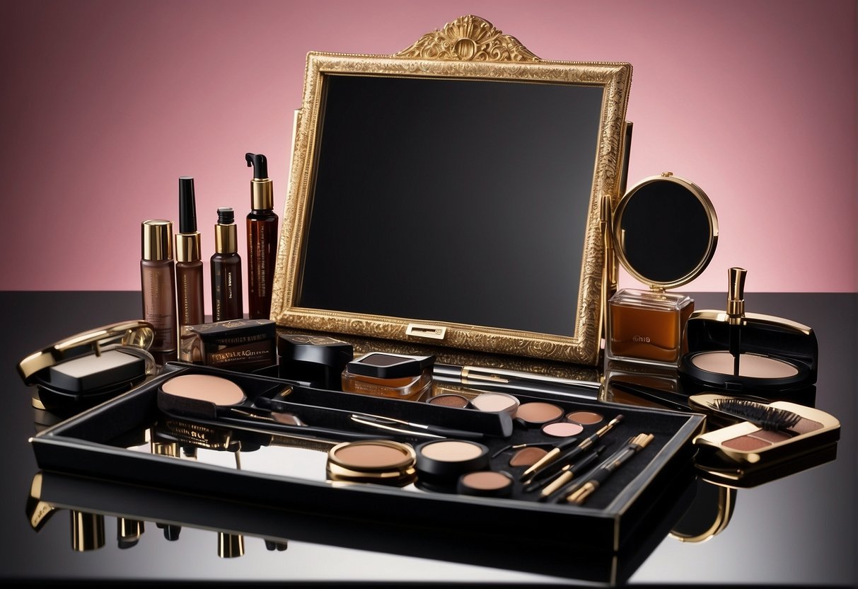 A table with various eyebrow grooming products and tools, including tweezers, pencils, and stencils. A mirror reflects the products, and a sign reads "Frequently Asked Questions: How to achieve beautiful eyebrows."