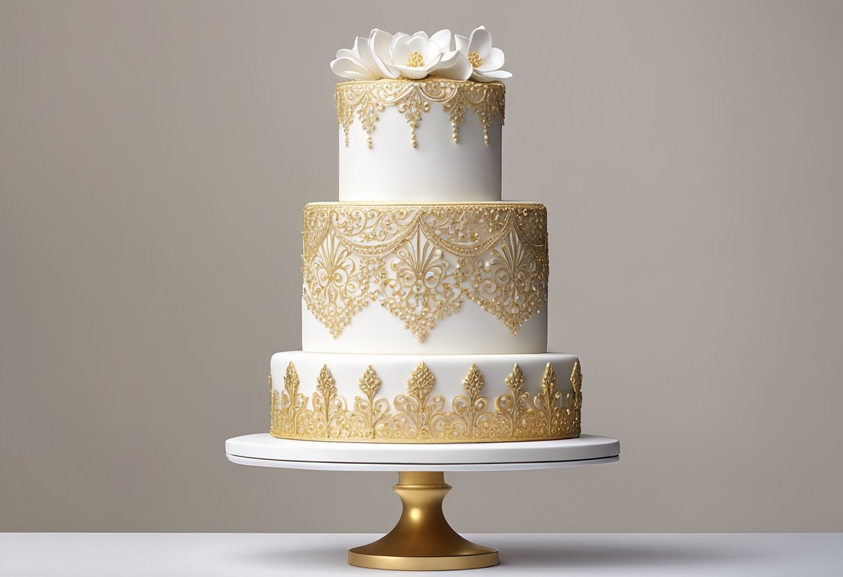 A wedding cake being adorned with intricate icing designs and delicate fondant flowers. A pastry bag filled with frosting creates intricate patterns on the smooth, white surface. Sugar pearls and edible gold leaf add a touch of elegance to the masterpiece