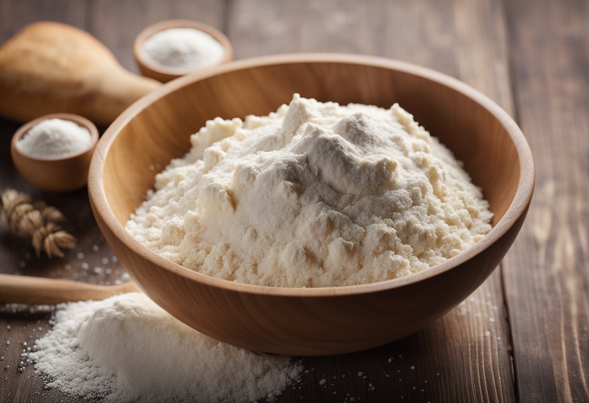 A mixing bowl filled with flour, yeast, and water. A wooden spoon stirs the ingredients, while a dough forms. A loaf of bread rises on a floured surface before baking