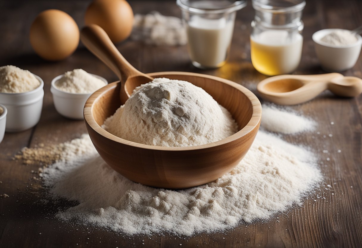 A mixing bowl with flour, yeast, salt, and water. A wooden spoon stirring the ingredients. A ball of dough on a floured surface, ready for kneading