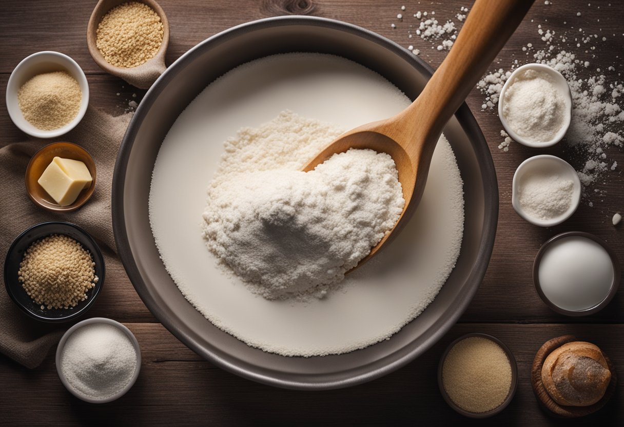A mixing bowl with flour, yeast, salt, and water. A wooden spoon stirs the ingredients. A loaf of bread rises on a floured surface