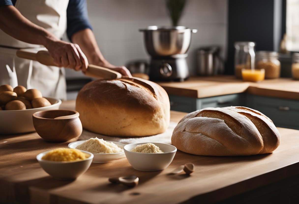 A kitchen counter with ingredients, a mixing bowl, and a dough being kneaded, while a loaf of bread rises in a warm corner