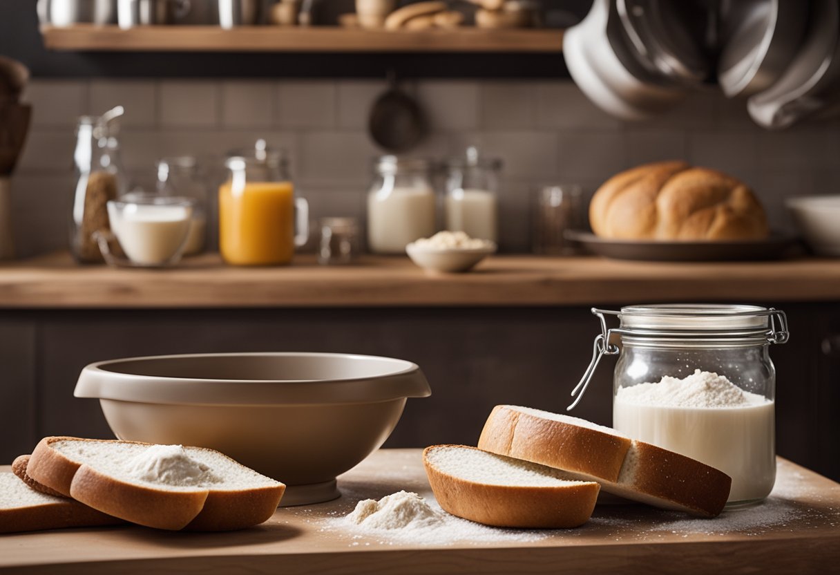 A rustic kitchen countertop with a bowl of flour, a jar of yeast, a mixing bowl, and a freshly baked loaf of bread cooling on a wire rack