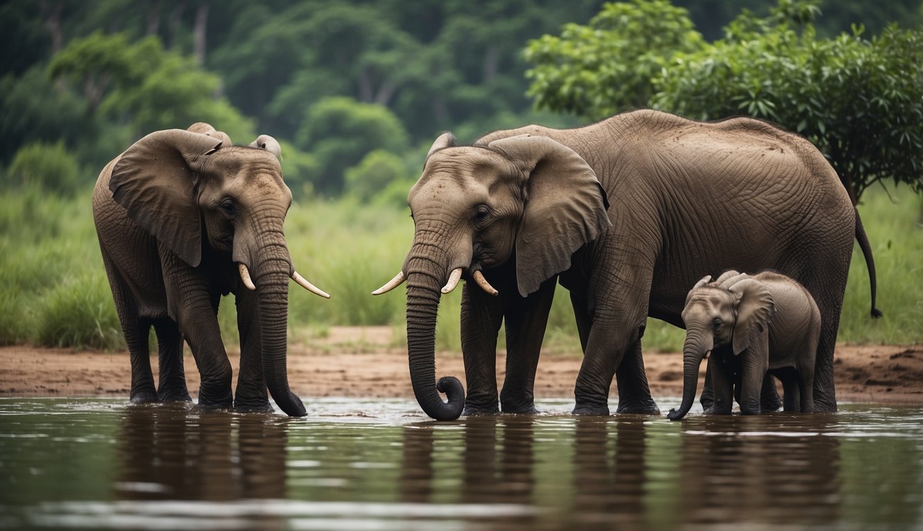 Elephants gather around a watering hole, surrounded by lush greenery.

One elephant stands out, lifting its trunk as if in deep thought, surrounded by other elephants in a serene and peaceful setting