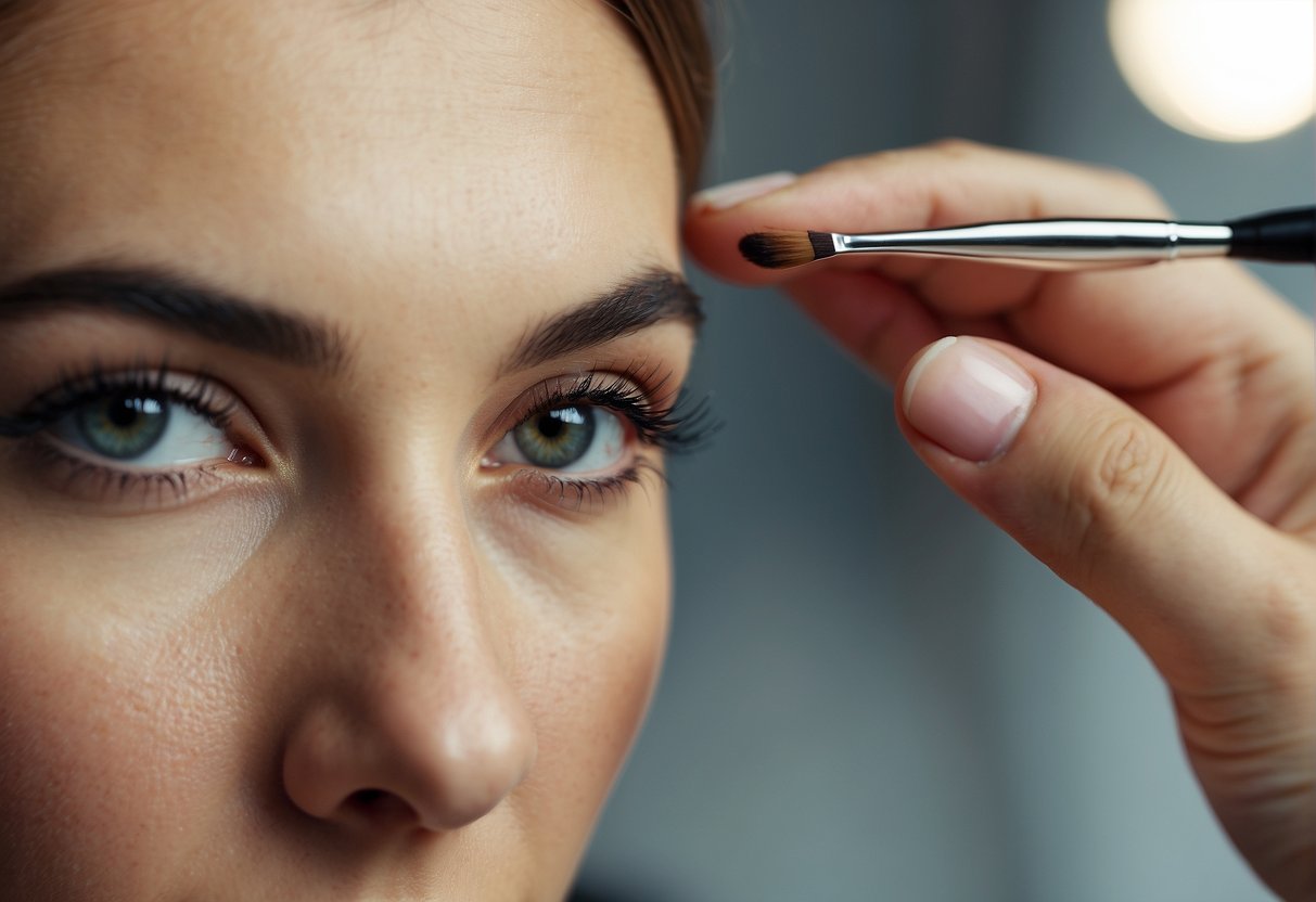 A woman applies a serum to her eyebrows, using a small brush to thicken and shape them