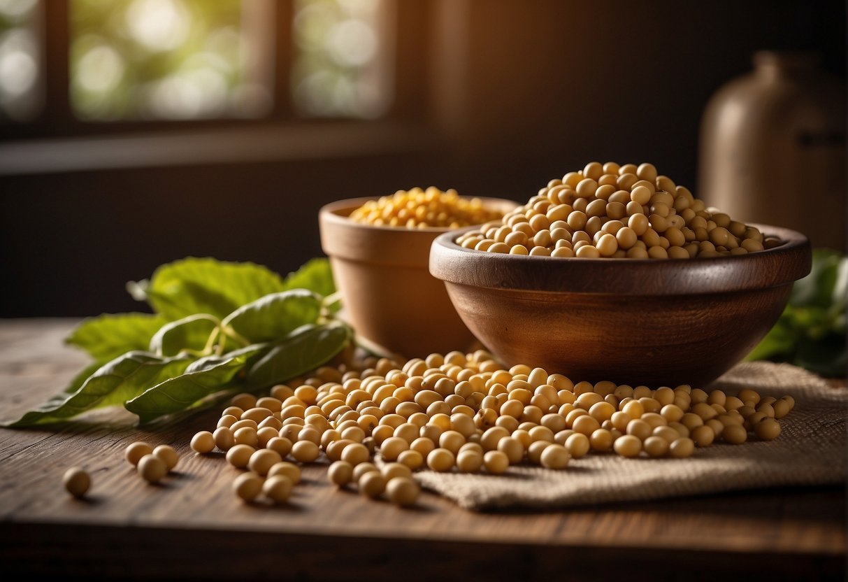 A pile of organic soybeans sits on a wooden table, with a measuring scale and nutrition label nearby. The beans are plump and golden in color, with a few scattered leaves and pods