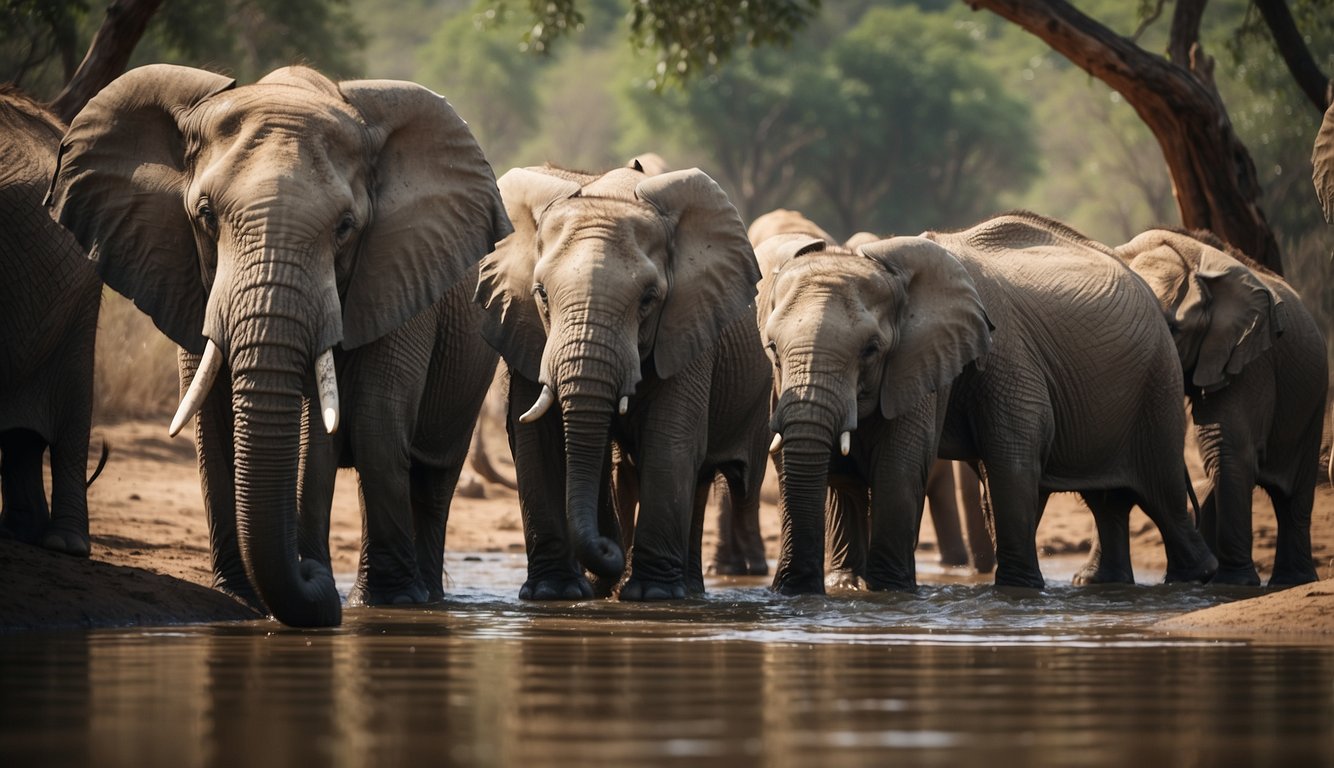A herd of elephants gathered around a watering hole, touching trunks and communicating with low rumbles, demonstrating their strong social bonds and kinship