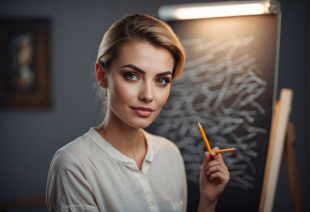 A person holding a pencil and drawing thick, full eyebrows on a blank canvas