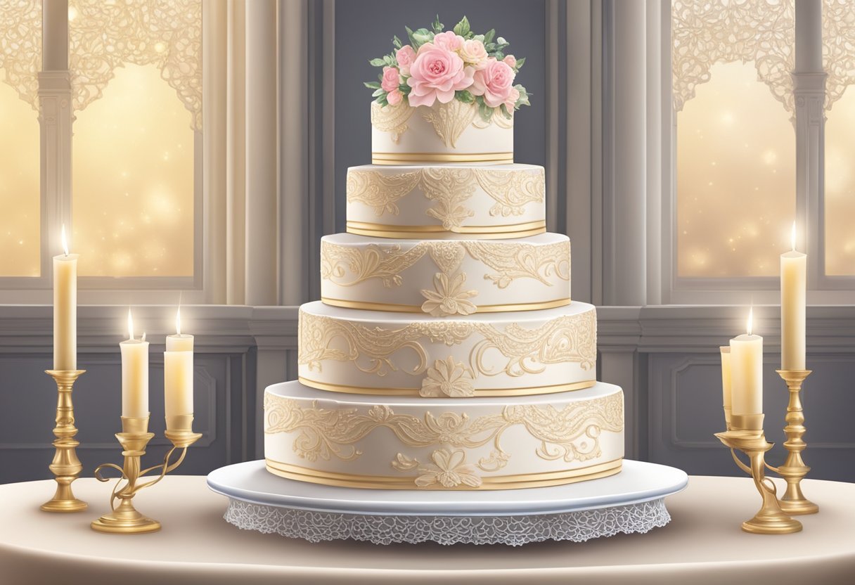 A tiered wedding cake adorned with intricate floral designs and elegant piping, surrounded by a delicate lace tablecloth and soft candlelight
