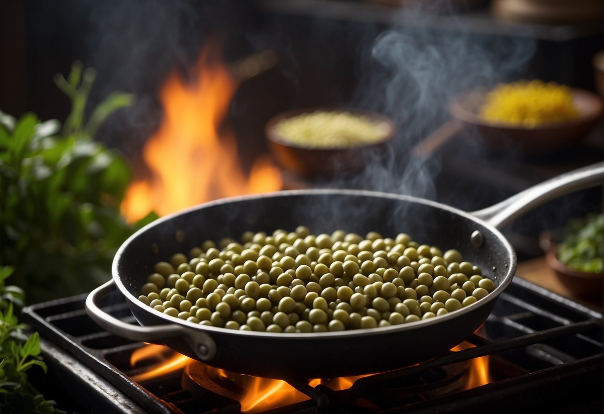 Organic soybeans being cooked in a sizzling pan, emitting a savory aroma, surrounded by fresh herbs and colorful vegetables