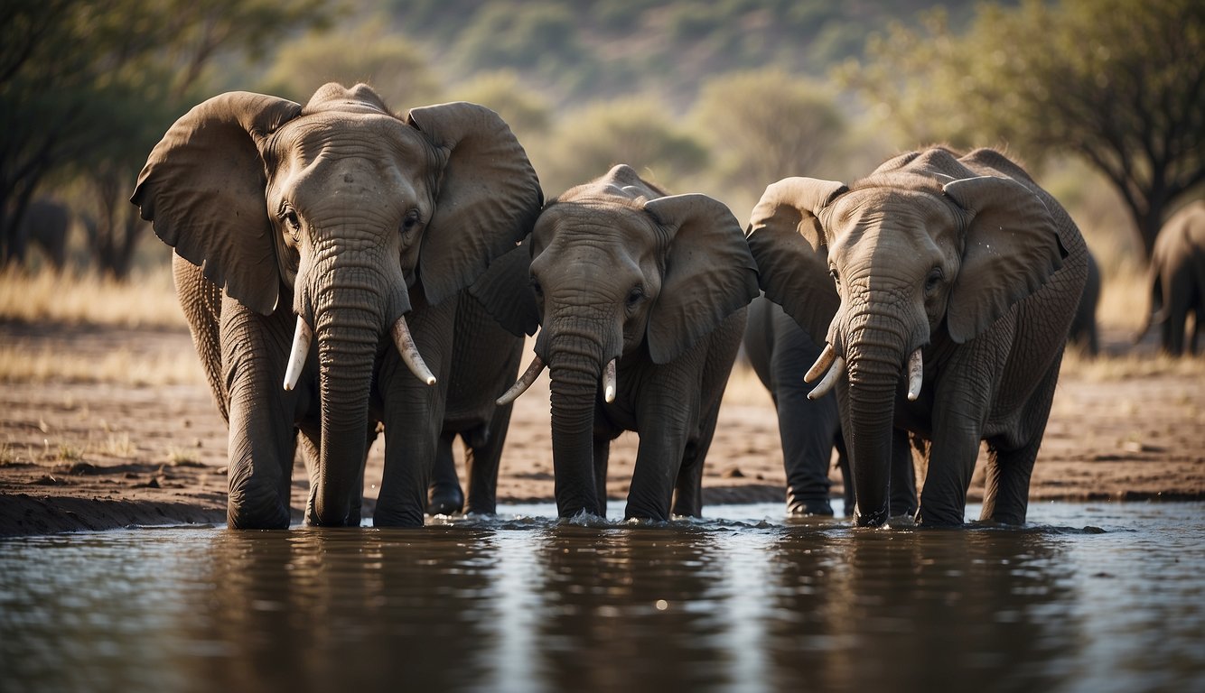 Elephants gather around a watering hole, sharing stories and memories through gentle trunk touches and deep, rumbling calls
