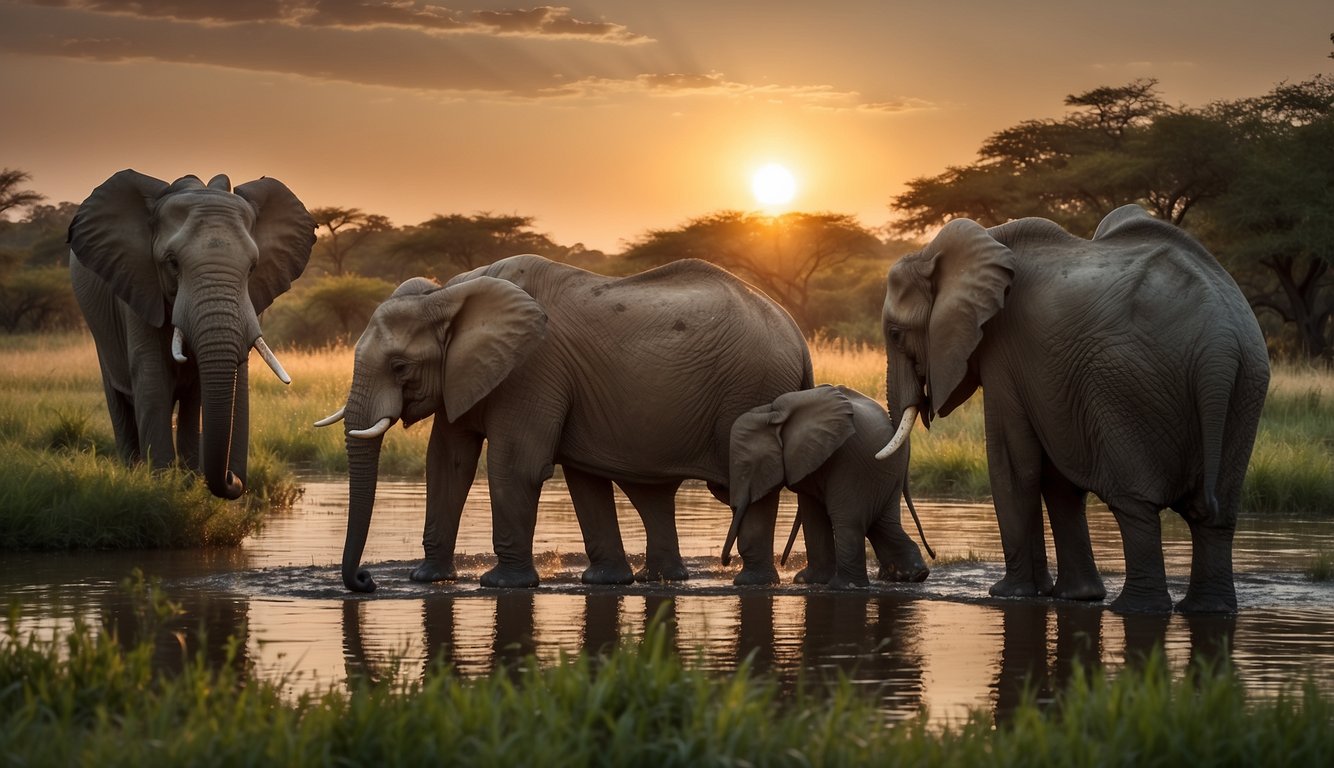 Elephants gather around a watering hole, their strong and graceful bodies standing in contrast to the lush, green landscape.

The sun sets in the distance, casting a warm glow over the scene