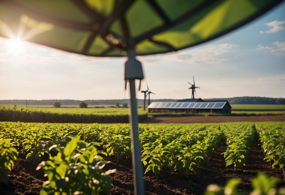 Lush green fields of organic soybeans, surrounded by diverse plant life and healthy soil. A windmill and solar panels power the farm, reducing environmental impact
