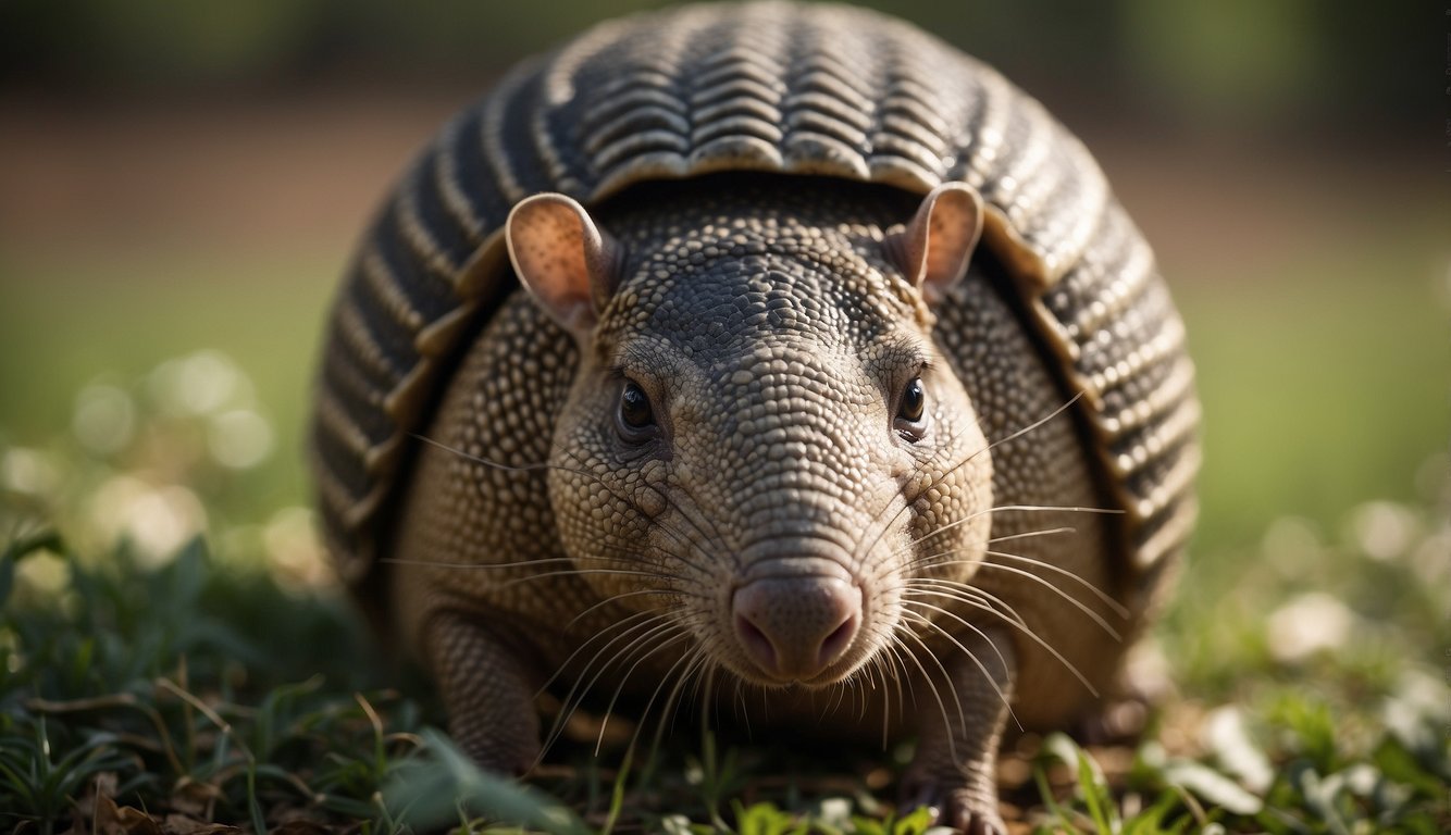 An armadillo curls into a tight ball, surrounded by predators