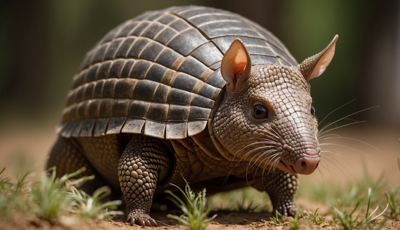 An armadillo curls into a tight ball, its armored shell protecting it from predators.

The creature's eyes peer out from the safety of its defensive posture